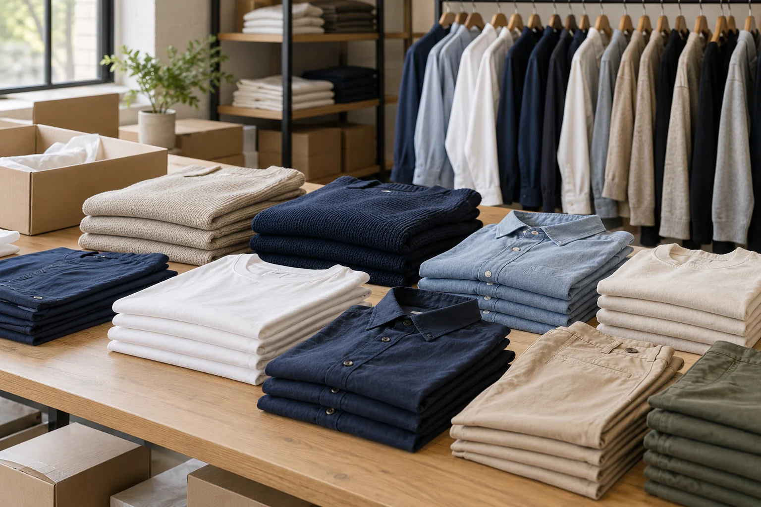 Folded garments and a clothing rack