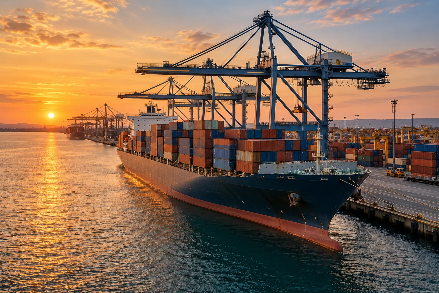 Cargo ship and shipping containers at an international port