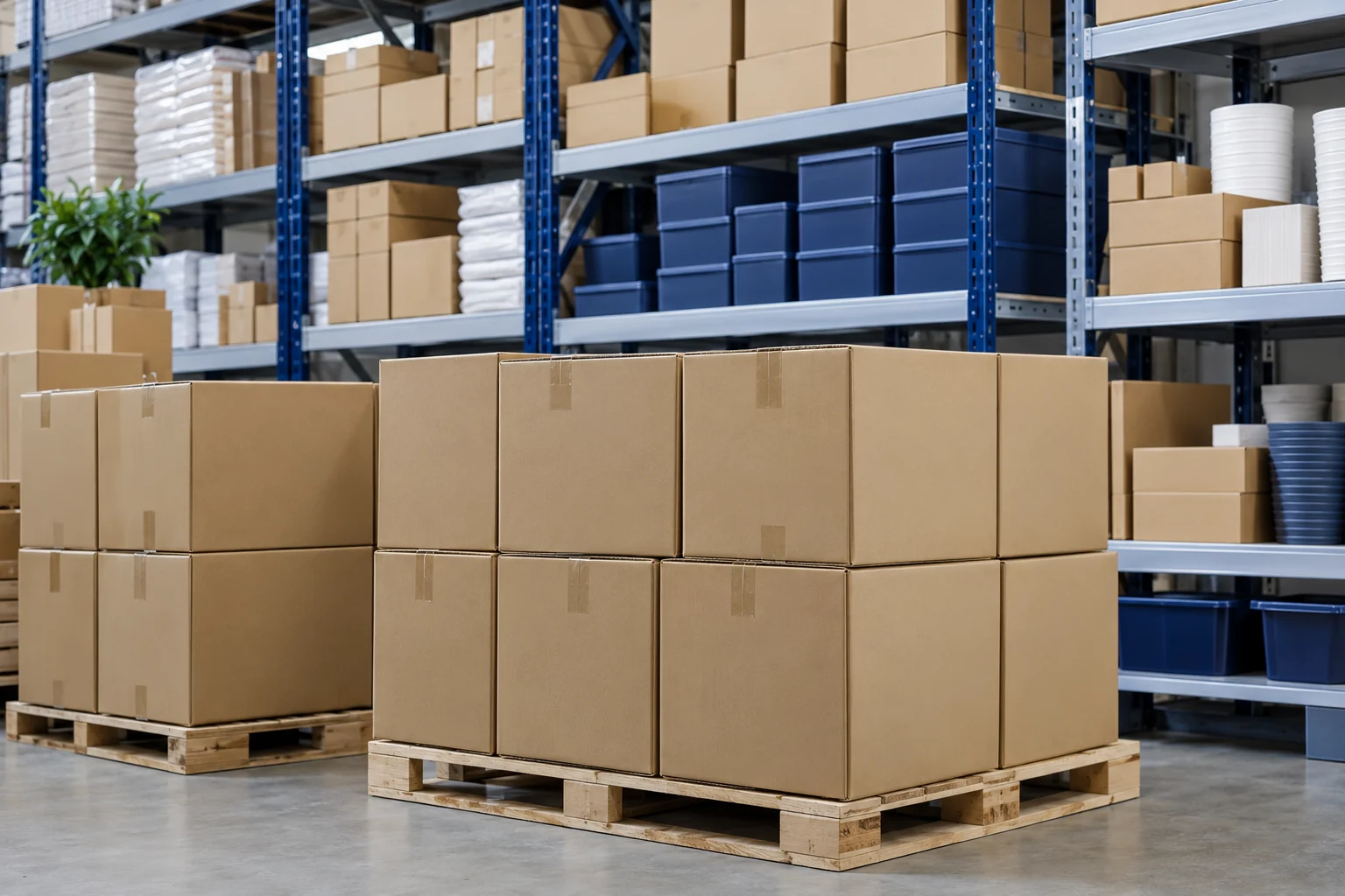 Sealed surplus merchandise cartons in a stockroom