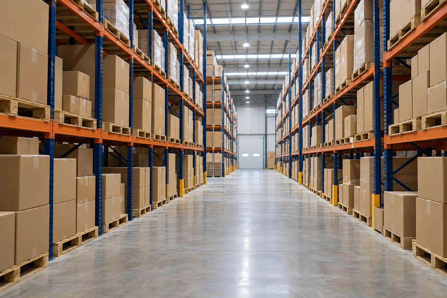 Cartons and pallets in a distribution warehouse